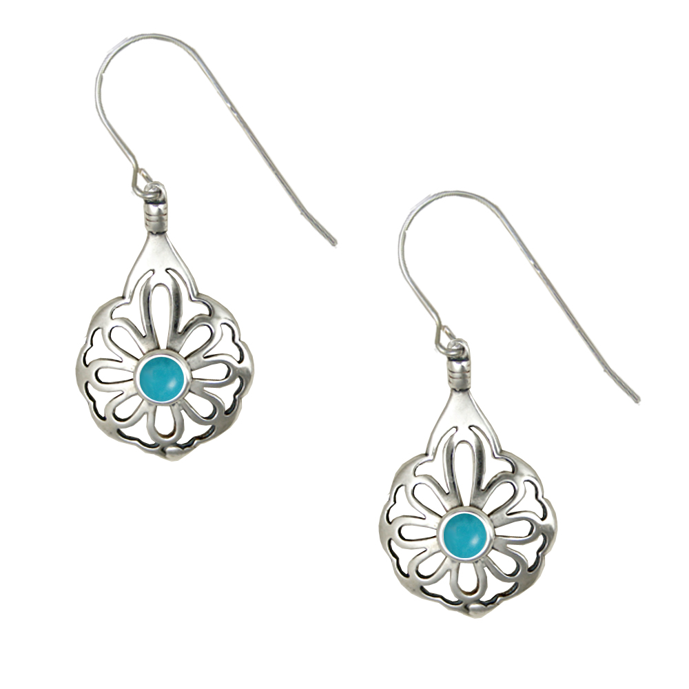 Sterling Silver Drop Dangle Flower Earrings With Turquoise